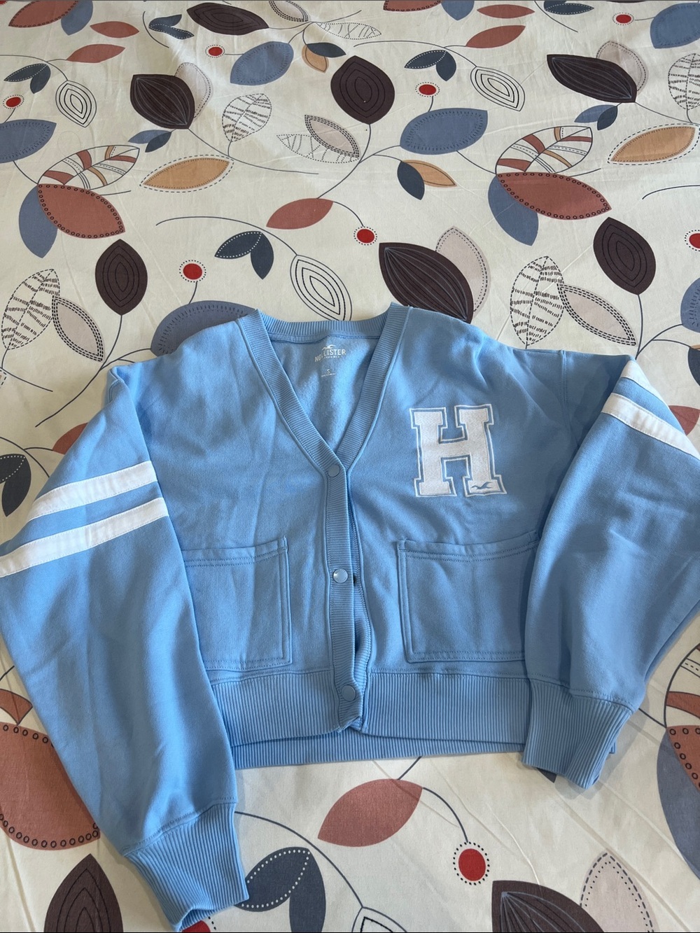 Hollister Light Blue Varsity 'H' Cardigan with White Stripes
